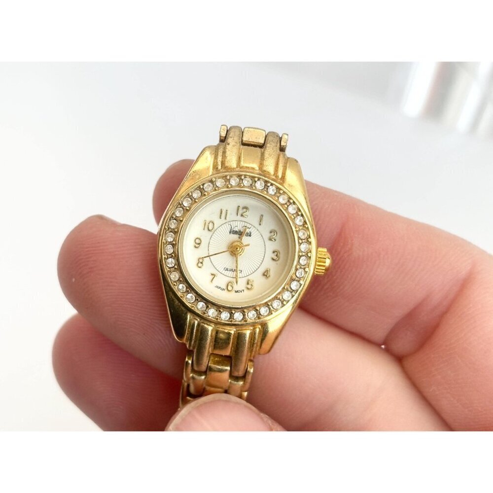 Vanity Fair Rhinestone Framed Gold T Stretch Vintage Wristwatch - 19mm - WORKS! - Picture 4 of 16